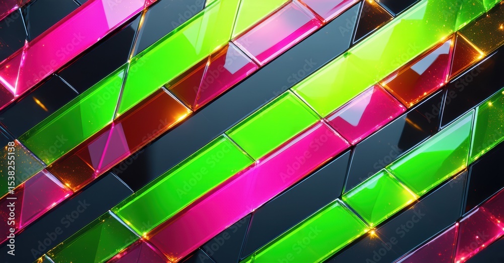 Poster Abstract geometric pattern. Bright colorful blocks create diagonal lines, glowing edges, dark background. Modern digital art.