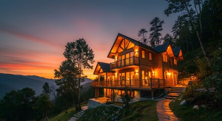 Obraz premium Mountainside Log Cabin Dream Home in the Twilight