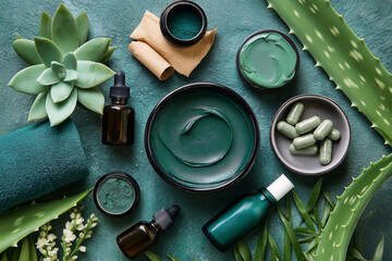Flat lay of beauty and wellness products with spirulina as a key ingredient, clay mask, supplements, and fresh aloe vera.