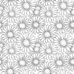  Daisy Flower line art. Seamless pattern for decorating fashion designs, fabrics, wallpapers and prints on a white background.