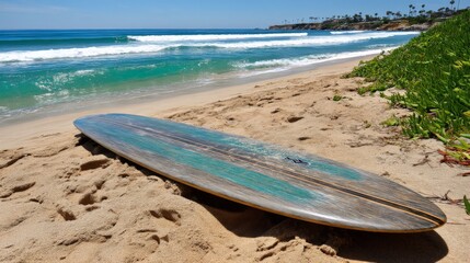 Surfboard lying on sandy beach with ocean waves and clear blue sky in the background