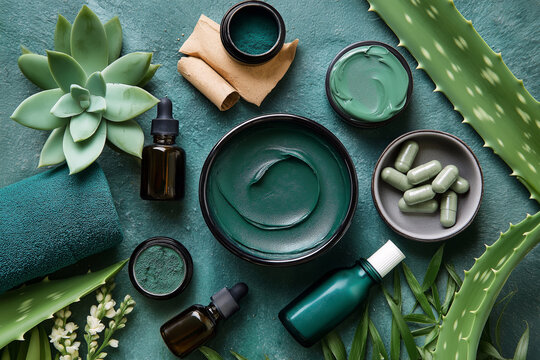 Flat lay of beauty and wellness products with spirulina as a key ingredient, clay mask, supplements, and fresh aloe vera.
