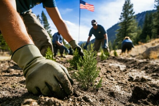 Volunteers Planting Trees in National Park for Reforestation Efforts.
