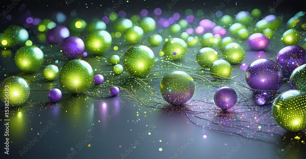 Poster colorful spheres scatter across dark surface. lights reflect, creating vibrant, magical scene. depth