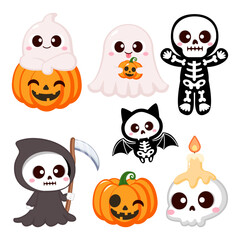 Cute halloween ghost, pumpkin and skeleton clip art