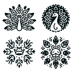 Four stylized blackandwhite emblems peacocks a crown and abstract floral motifs