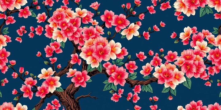 Elegant chinoiserie blossom tree seamless vector pattern, vibrant colors, intricate details, flowers, luxury