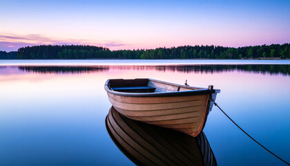 Obraz premium Lone Boat on Calm Lake at Twilight with Pink and Blue Sky.calm, dawn, dusk, horizon, peaceful, serene, sunrise, tranquil, scenic, boat, lake, nature, sky, sunset, water, beautiful, landscape,