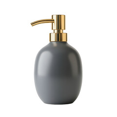 Gray ceramic soap dispenser with gold pump isolated on transparent background