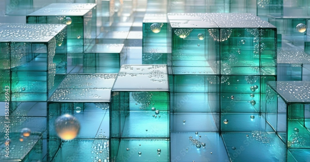 Poster abstract composition featuring translucent cubes, spheres, liquid droplets. blue hues dominate, crea