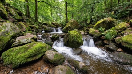 Fototapeta premium Tranquil forest stream flowing over moss-covered rocks in a lush green woodland