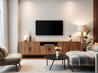 Modern Living Room Interior Mockup with TV Cabinet, Lamp, Table, and Indoor Plants