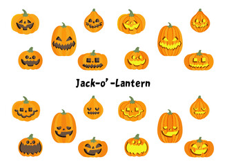 ハロウィンのかぼちゃ、ジャックオランタンのイラスト素材セット