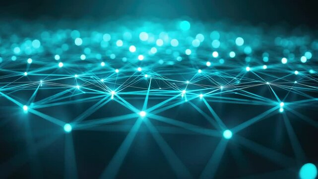 Abstract network graphic.  Interconnected glowing points and lines form a complex web, with teal highlights on a dark background.  Blurred, out-of-focus teal circles suggest depth and perspective