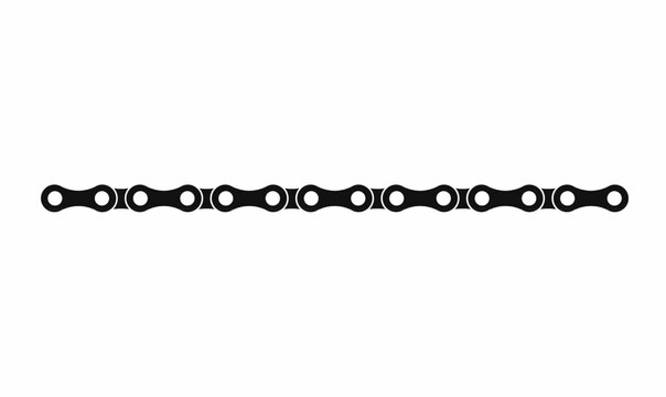 Black bicycle chain silhouette, horizontal alignment, mechanical link pattern, vector outline style, ideal for cycling, mechanics, motion design, transport, and industrial themes.
