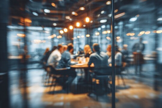 Blur office meeting blurred background with business people working group in boardroom discussion for teamwork brainstorming, executive seminar or professional training in small startup enterprise