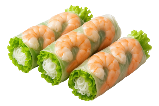 Three fresh shrimp spring rolls wrapped in rice paper with lettuce and vermicelli noodles.