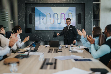 A diverse group of business people applauding during a meeting. The presenter stands by a large screen displaying a graph. The scene conveys teamwork and positive workplace dynamics.