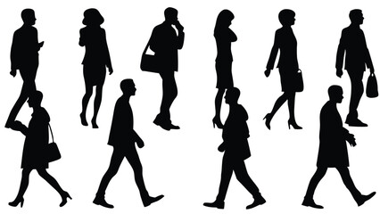 Black silhouettes depict multiple people walking and standing, showcasing various poses against a white background