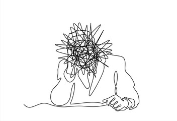 Continuous one line drawing of a man with confused feelings worried about bad mental health. Problems, stress, sad and depression concept in doodle style. Hand drawn one line vector. Editable stroke