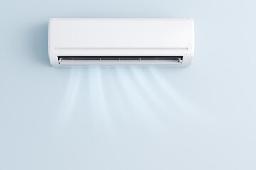 A white air conditioner unit mounted on a light blue wall emitting cool air into the room space area