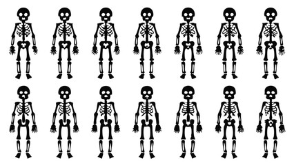 Group of twelve black skeleton icons standing straight up over a white background © Bablu