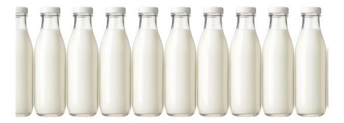 A row of ten clear glass bottles filled with milk, each sealed with a white cap.
