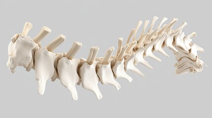 Fototapeta premium Photorealistic 3D rendering of human thoracic vertebrae T1–T12 aligned in natural spinal curve, showcasing detailed bone texture and anatomical accuracy for medical and educational use