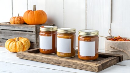 Jars of Homemade Pumpkin Butter on Wooden Stand