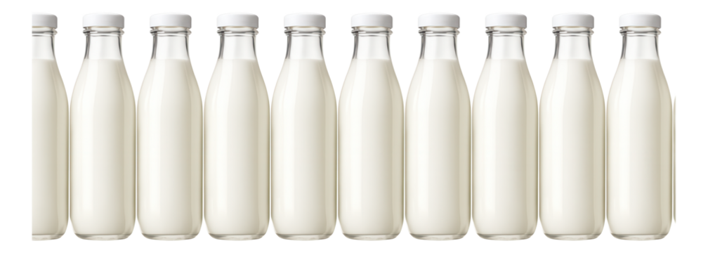 A row of ten clear glass bottles filled with milk, each sealed with a white cap.
