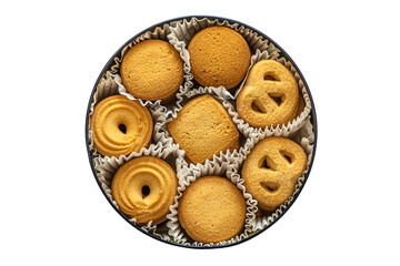 crispy crumbly shortbread cookies in a metal box isolated on white top view