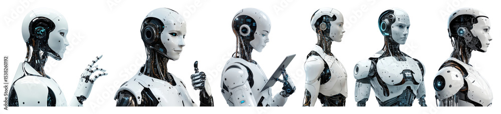 Wall mural png futuristic humanoid robots in sequence, element set on transparent background