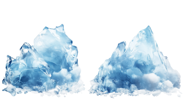 Iceberg, blue ice mountain with white snow and deep crevasses, steep terrain of ice, glacier landscape, blue ice mountain covered in snow, on a transparent backgrounds