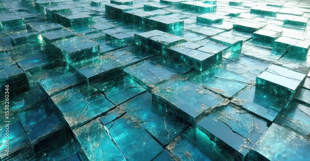Aufkleber fractured turquoise blocks create abstract landscape. light reflects, illuminating cracks, depth. di