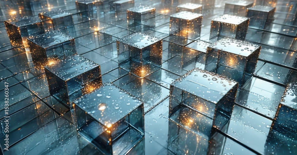 Poster Abstract cubic structures, glossy surfaces, wet reflections. Golden light emanates from within, creating futuristic scene. Dark background emphasizes luminosity.
