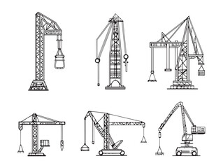 Construction site crane vector in minimal outline style 