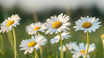 Fototapeta premium Vibrant and Bright Daisies in a Colorful Field Captured at Sunset Emphasizing Nature's Beauty and Serenity in Blooming Flora for Design and Inspiration