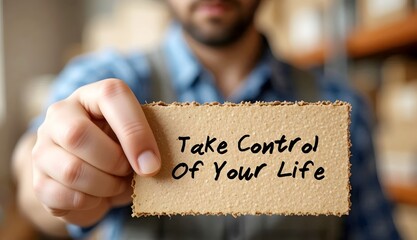 Man holding cardboard paper written TAKE CONTROL OF YOUR LIFE -  not let circumstances dictate your path. To take responsibility and make conscious effort to achieve goals and control your destiny