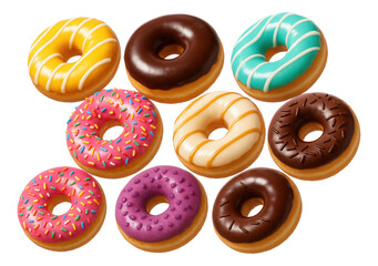 A variety of colorful donuts with chocolate, vanilla, strawberry, and glaze icing, some topped with sprinkles and drizzle.