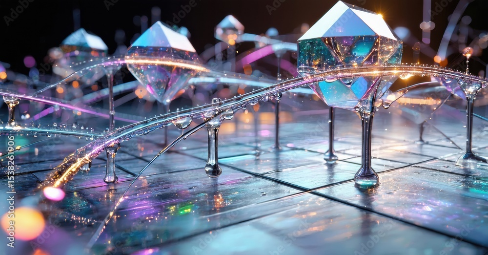 Aufkleber Abstract geometric shapes connect via glowing lines. Reflections create vibrant, futuristic digital landscape. Complex network, bright colors dominate scene.