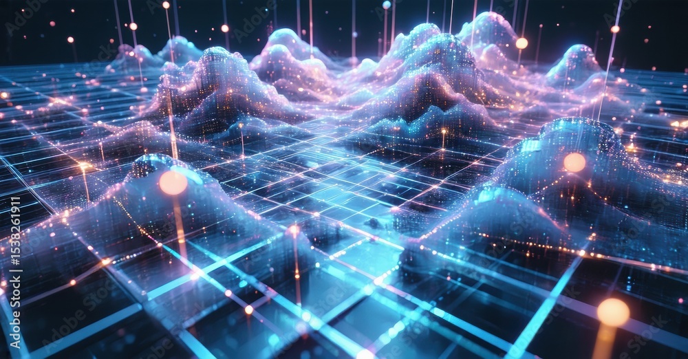 Aufkleber Abstract digital landscape. Glowing lines form grid, waves pulse with light. Futuristic data visualization concept.