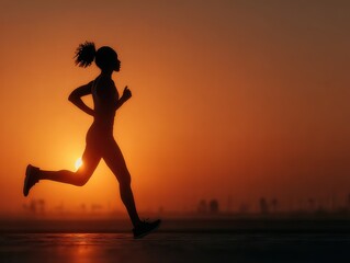 Fototapeta premium Female Runner Silhouette with Ponytail Against Glowing Sky for Active Motivation Themes