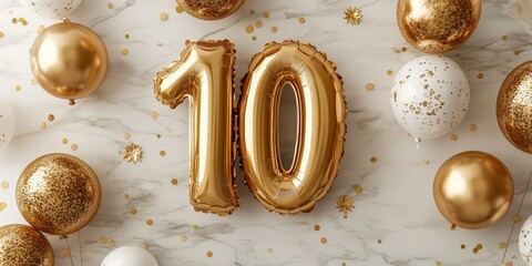 Joyful Tenth Birthday Celebration with Golden Foil Balloon Number 10 and Colorful Party Atmosphere