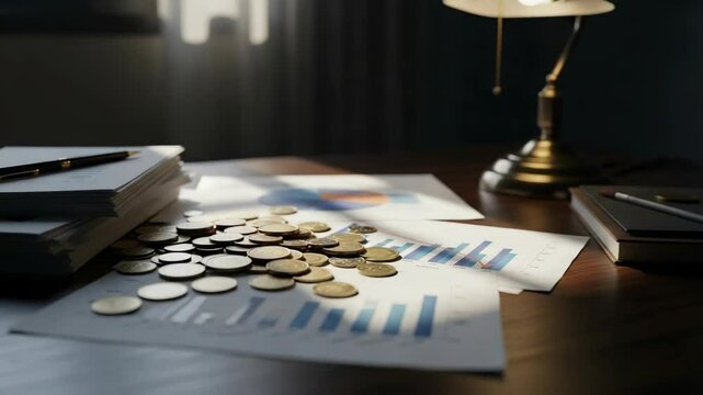 Financial documents and coins scattered on desk with lamp  