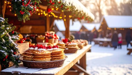 Festive Market Scene with Delicious Stack of Pancakes and Decorations