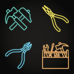 Repair tools neon icon set