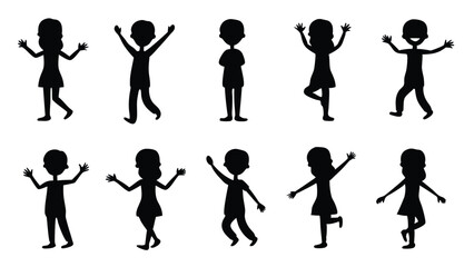Silhouetted children stand and move with arms raised, portraying diverse postures against a white backdrop