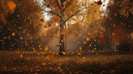Autumn tree shedding leaves in a serene forest setting  