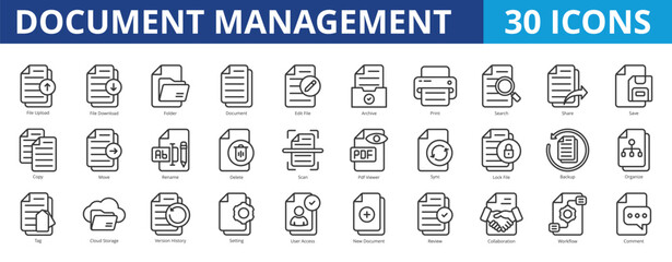 Document management icon pack collection set for business file and administration. With folder, document, edit, archive, search, share, save, copy, rename, scan, view, sync, backup, organize, storage