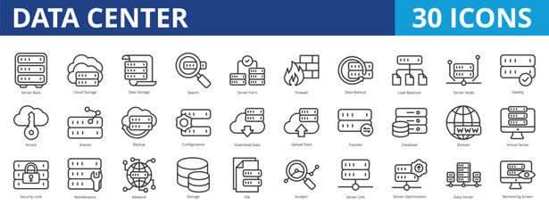 Data center icon pack collection set for infrastructure server and hosting technology. With cloud computing, storage, database, firewall, backup, maintenance, internet, encryption, hosting, access
